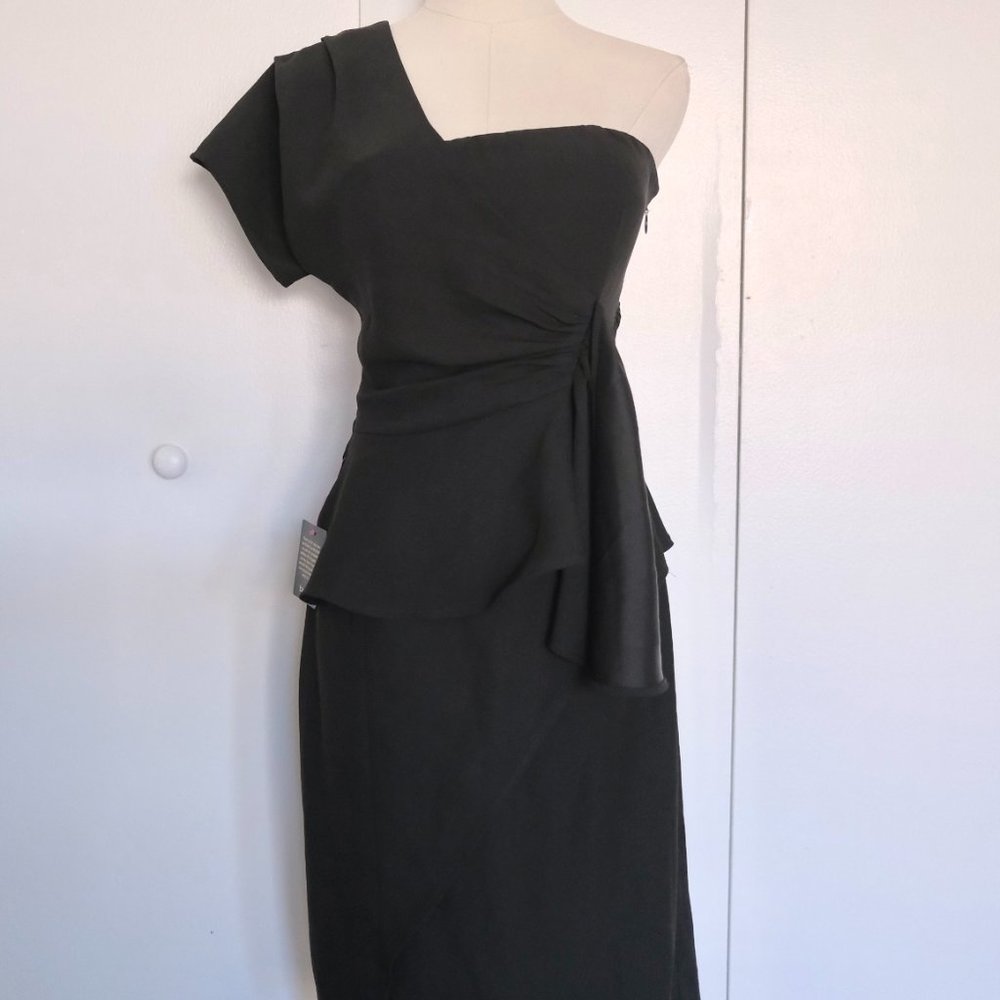 Bebe Black One-Shoulder Assymetric Draped Midi Dress